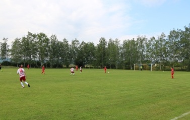 Zdjęcie wykonane podczas meczu. Zawodnicy na boisku sportowym braja w piłkę nożną. 