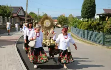 Poch&oacute;d dożynkowy. Korow&oacute;d wielu os&oacute;b ubranych elegancko, a także w stroje ludowe. Kobiety niosą dożynkowe wieńce. Niosą także chleby