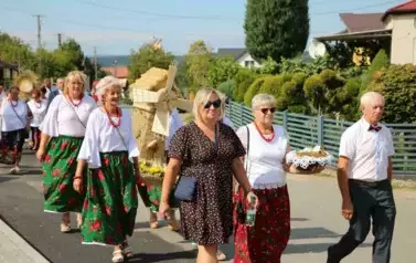 Poch&oacute;d dożynkowy. Korow&oacute;d wielu os&oacute;b ubranych elegancko, a także w stroje ludowe. Kobiety niosą dożynkowe wieńce. Niosą także chleby