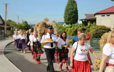 Poch&oacute;d dożynkowy. Korow&oacute;d wielu os&oacute;b ubranych elegancko, a także w stroje ludowe. Kobiety niosą dożynkowe wieńce. Niosą także chleby