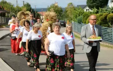 Poch&oacute;d dożynkowy. Korow&oacute;d wielu os&oacute;b ubranych elegancko, a także w stroje ludowe. Kobiety niosą dożynkowe wieńce. Niosą także chleby
