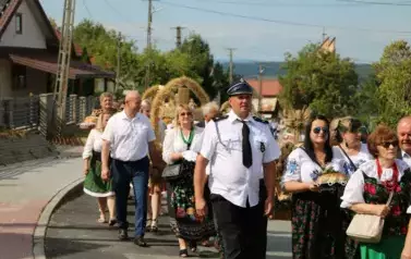 Poch&oacute;d dożynkowy. Korow&oacute;d wielu os&oacute;b ubranych elegancko, a także w stroje ludowe. Kobiety niosą dożynkowe wieńce. Niosą także chleby