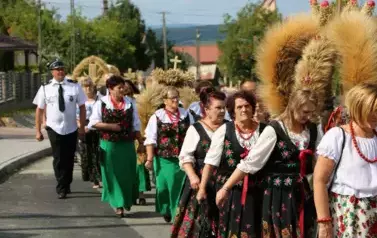 Poch&oacute;d dożynkowy. Korow&oacute;d wielu os&oacute;b ubranych elegancko, a także w stroje ludowe. Kobiety niosą dożynkowe wieńce. Niosą także chleby
