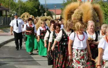 Poch&oacute;d dożynkowy. Korow&oacute;d wielu os&oacute;b ubranych elegancko, a także w stroje ludowe. Kobiety niosą dożynkowe wieńce. Niosą także chleby