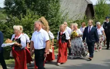 Poch&oacute;d dożynkowy. Korow&oacute;d wielu os&oacute;b ubranych elegancko, a także w stroje ludowe. Kobiety niosą dożynkowe wieńce. Niosą także chleby
