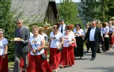 Poch&oacute;d dożynkowy. Korow&oacute;d wielu os&oacute;b ubranych elegancko, a także w stroje ludowe. Kobiety niosą dożynkowe wieńce. Niosą także chleby
