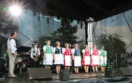 Dorosłe osoby w strojach ludowych. Występ zespołu ze Słowacji. 