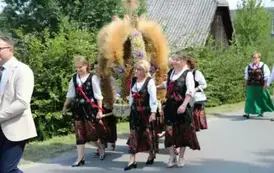 Poch&oacute;d dożynkowy. Korow&oacute;d wielu os&oacute;b ubranych elegancko, a także w stroje ludowe. Kobiety niosą dożynkowe wieńce. Niosą także chleby