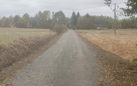 Perspektywa wzdłuż prostej, gruntowej drogi utwardzonej żwirem, w jesiennym krajobrazie. Po lewej stronie zaorana ziemia, po prawej rżysko po zbiorach. Droga prowadzi w stronę ściany lasu mieszanego w oddali, gdzie drzewa mają ż&oacute;łte i zielone liście. Wzdłuż drogi po prawej stoją słupy energetyczne. Niebo jest szare i zachmurzone.
