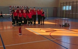 Zdjęcia przedstawiają uczestnik&oacute;w w strojach sportowych i strażackich podczas rywalizacji na hali sportowej, m.in. dynamiczne konkurencje z wężami strażackimi, uroczystą zbi&oacute;rkę wszystkich drużyn, a także momenty wręczania puchar&oacute;w, dyplom&oacute;w oraz nagr&oacute;d indywidualnych przez zaproszonych gości i przedstawicieli straży pożarnej.