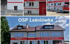Kolaz zdjęc wyremontowanego budynku OSP Lesni&oacute;wka. Nowa szara elewacja a także widoczny czerwony napis OSP Leśni&oacute;wka. 