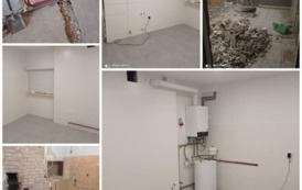 Zdjęcia z remontu Domu Ludowego w Falisz&oacute;wce. Na zdjęciach widoczne ściany, podczas remontu, a także po nim.  