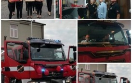 Kolaż zdjęć z przyjazdu nowego samochodu pożarniczo-gaśniczego dla OSP Żeglce 