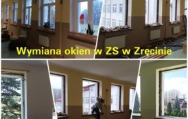 Zdjęcia wykonane podczas wymiany okien w Zespole Szk&oacute;ł w Zręcinie. Na zdjęciu widoczne prace związane z wymianą. 