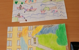 Prace plastyczne. Kilka prac prezentujących czynności wykonywane przez straż.