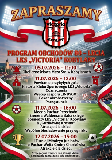 Jubileusz 80-lecia LKS &bdquo;Victoria&rdquo; Kobylany (11&ndash;12 lipca 2026 r.) &ndash; w programie m.in. oficjalne uroczystości, pokazy akrobatyczne, koncert zespołu &bdquo;INDYGO&rdquo;, mecz o Puchar Przechodni, turniej junior&oacute;w o Puchar W&oacute;jta Gminy Chork&oacute;wka, atrakcje dla dzieci oraz