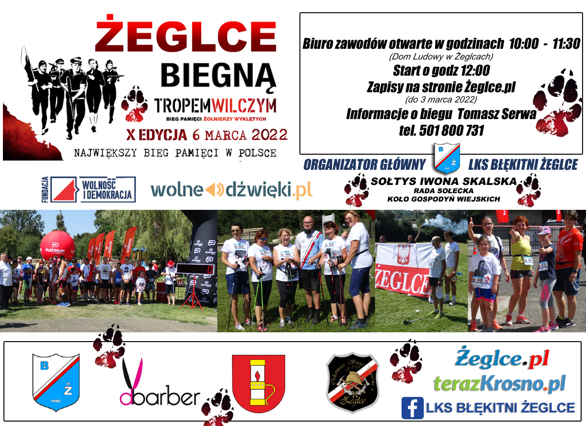 Plakat informacyjny dotyczący imprezy  X edycja ogólnopolskiego Biegu Pamięci Żołnierzy Wyklętych Tropem Wilczym 2022. Kolaż zdjec z poprzednich edycji oraz zbiór informacji dotyczących biegu. 