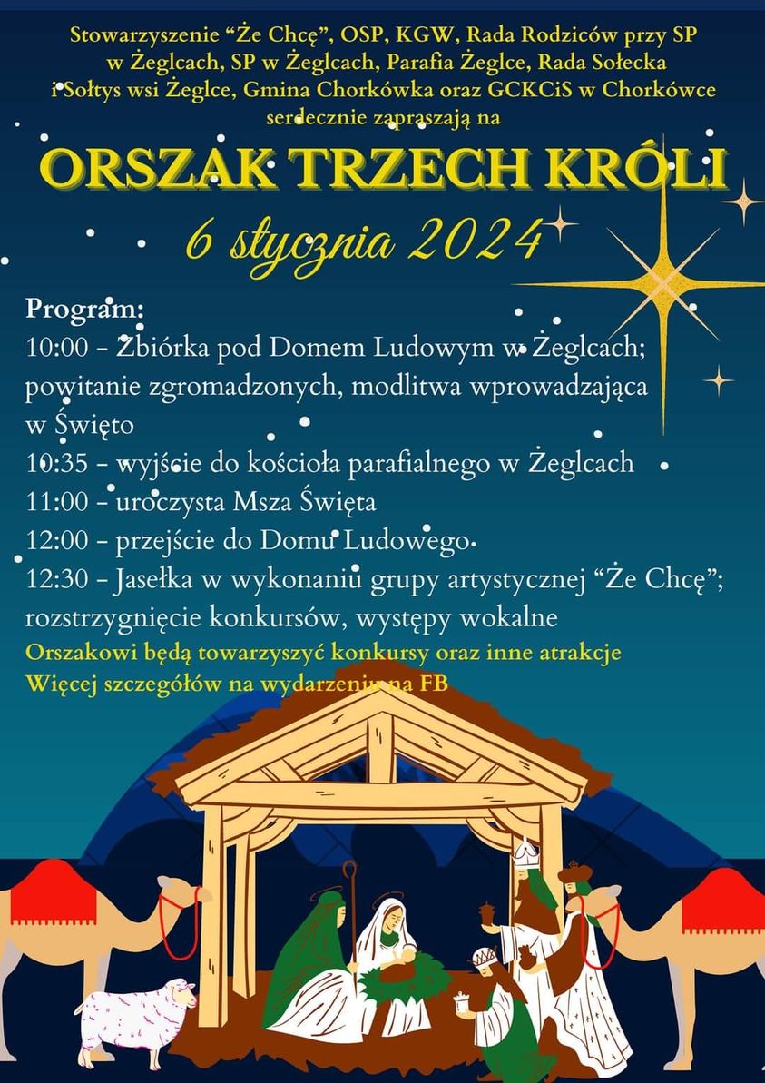 Plakat informacyjny dotyczący orszaku, który odbędzie się 6 stycznia o godz. 10.00 w Żeglcach 