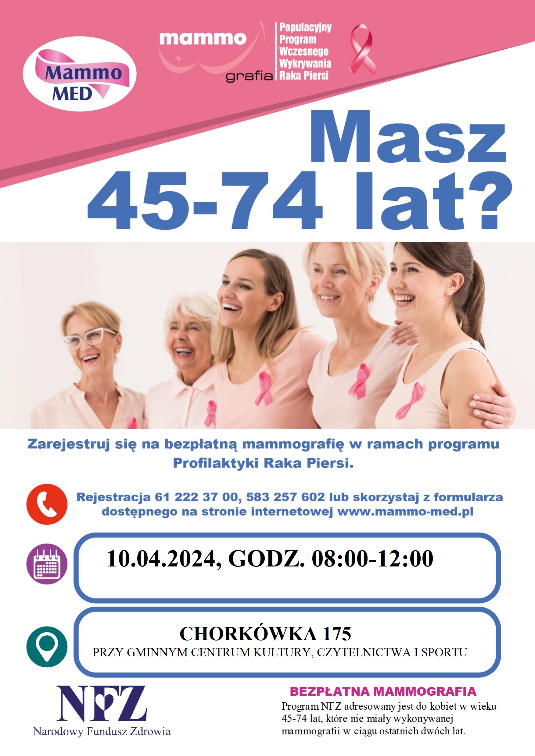 inrofmacja o&nbsp;bezpłatnych badaniach profilaktycznych mammografia dla kobiet po 45 roku życia. 