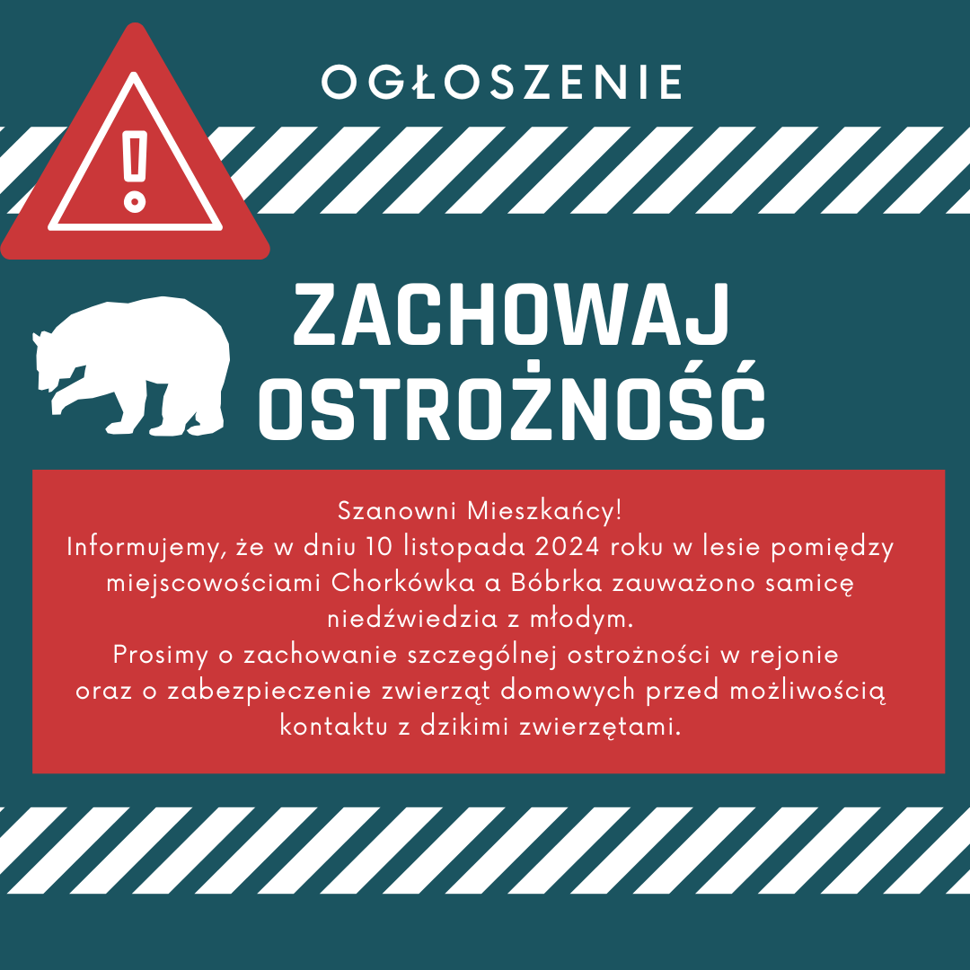 Informacja: Szanowni Mieszkańcy!  Informujemy, że&nbsp;w dniu 10 listopada 2024 roku zauważono samicę z&nbsp;młodym niedźwiedziem w&nbsp;lesie pomiędzy Chork&oacute;wką a&nbsp;B&oacute;brką.  Apelujemy o&nbsp;ostrożność oraz&nbsp;zabezpieczenie zwierząt domowych.