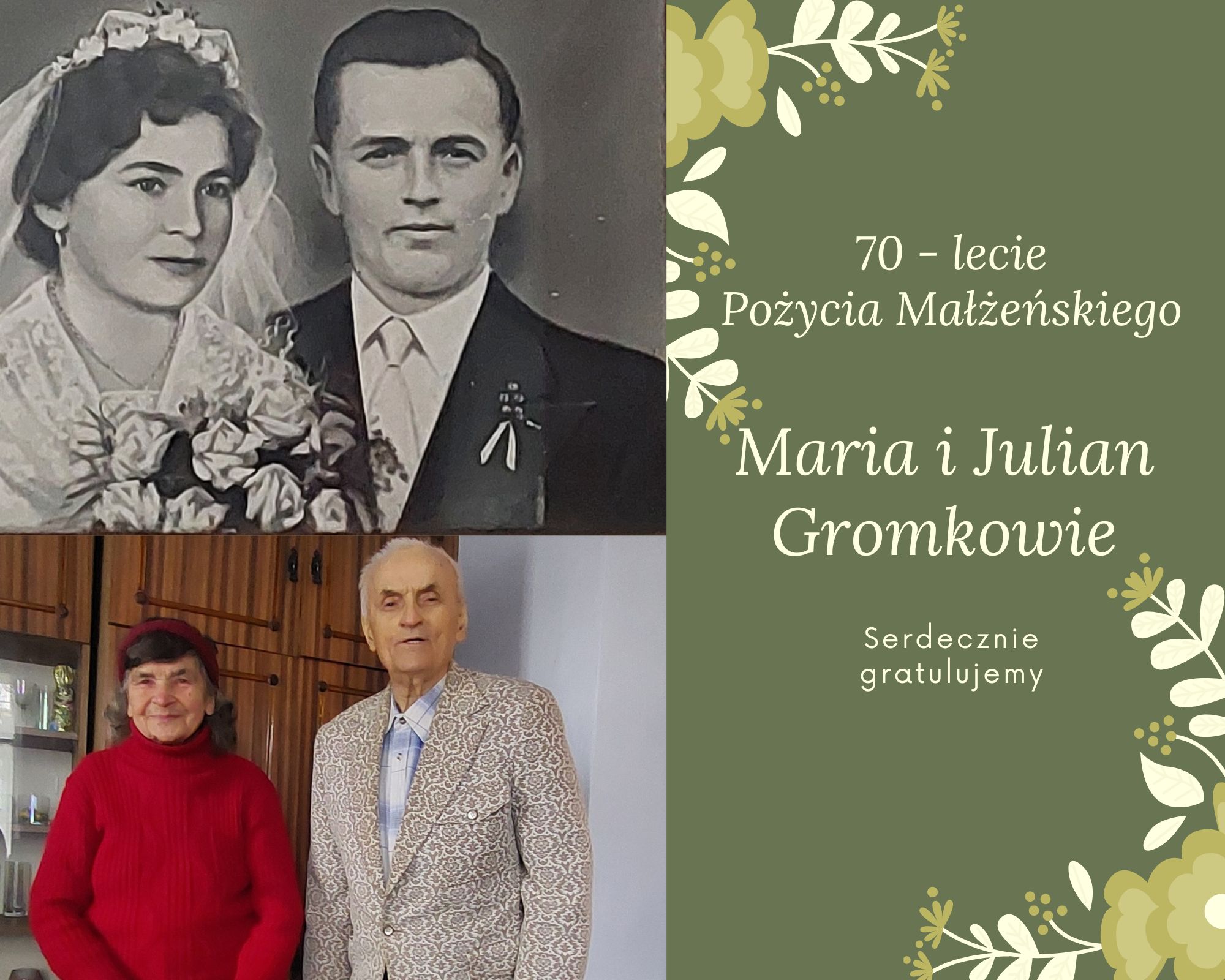 Kolaż zdjęć. Zestawienie zdjęcia ślubnego Jubilat&oacute;w oraz&nbsp;zdjęcia aktualnego. 