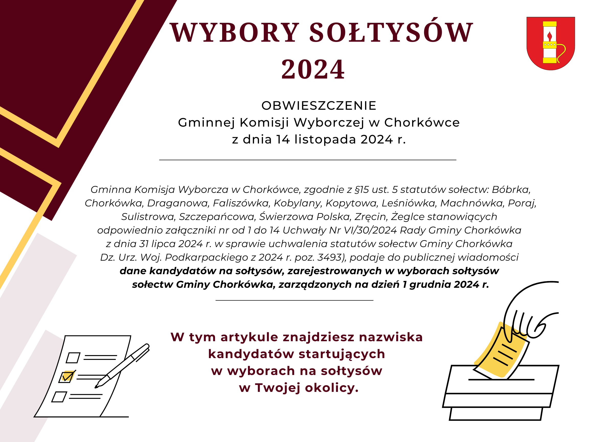 OBWIESZCZENIE Gminnej Komisji Wyborczej w&nbsp;Chork&oacute;wce z&nbsp;dnia 14 listopada 2024 r. Gminna Komisja Wyborcza w&nbsp;Chork&oacute;wce, zgodnie z&nbsp;&sect;15 ust. 5 statut&oacute;w sołectw: B&oacute;brka, Chork&oacute;wka, Draganowa, Falisz&oacute;wka, Kobylany, Kopytowa, Leśni&oacute;wka, Machn&oacute;wka, Poraj, Sulistrowa, Szczepańcowa, Świerzowa Polska, Zręcin, Żeglce stanowiących odpowiednio załączniki nr od 1 do 14 Uchwały Nr VI/30/2024 Rady Gminy Chork&oacute;wka z&nbsp;dnia 31 lipca 2024 r. w&nbsp;sprawie uchwalenia statut&oacute;w sołectw Gminy Chork&oacute;wka (Dz. Urz. Woj. Podkarpackiego z&nbsp;2024 r. poz. 3493), podaje do publicznej wiadomości dane kandydat&oacute;w na&nbsp;sołtys&oacute;w, zarejestrowanych w&nbsp;wyborach sołtys&oacute;w sołectw Gminy Chork&oacute;wka, zarządzonych na&nbsp;dzień 1 grudnia 2024 r