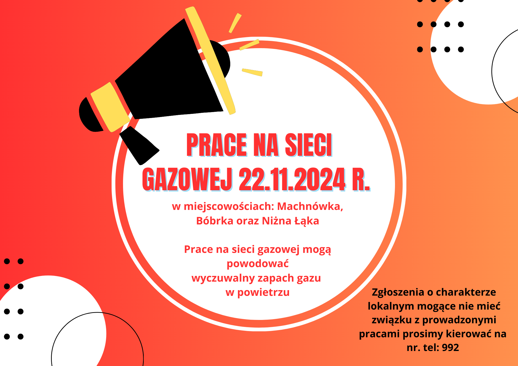 22 listopada prowadzone będą prace na&nbsp;sieci gazowej w&nbsp;B&oacute;brce i&nbsp;Mchn&oacute;wce. Możliwy wyczuwalny zapach gazu w&nbsp;powietrzu. 