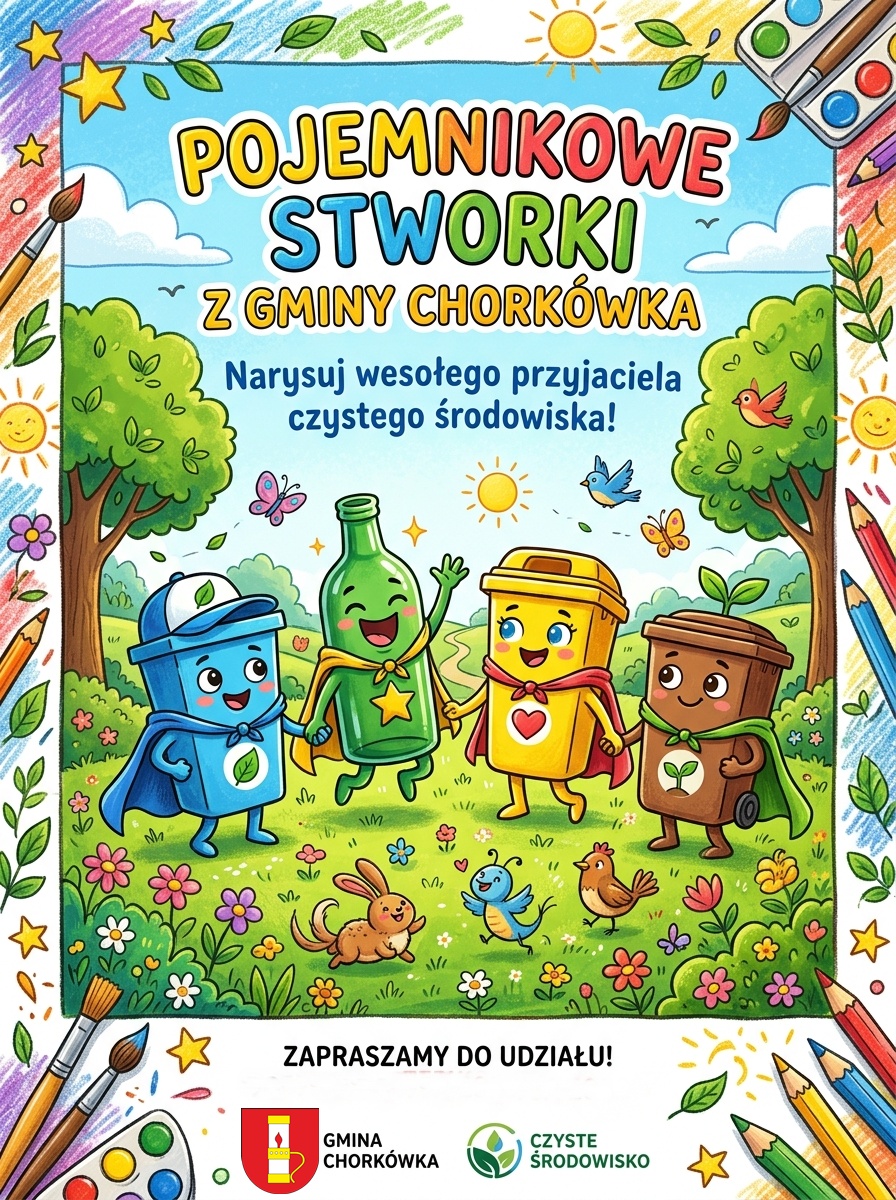 Plakat dotyczący konkursu. Pojemnikowe stworki trzymające się za ręce. 