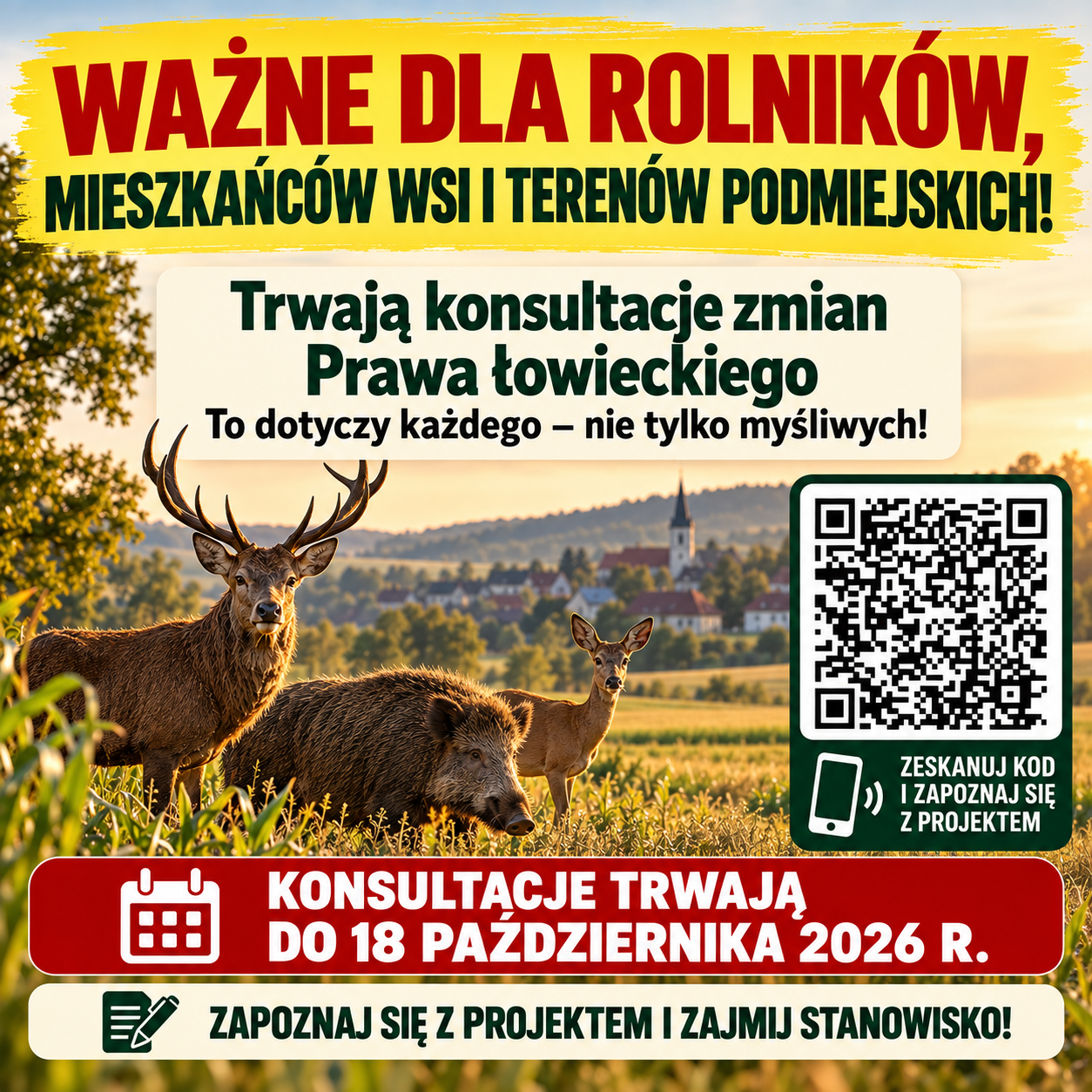 Do 18 października 2026 r. trwają konsultacje społeczne obywatelskiego projektu zmian Prawa łowieckiego RPW/29629/2026. Projekt przewiduje bardzo szerokie zmiany dotyczące funkcjonowania łowiectwa i&nbsp;gospodarki łowieckiej. Polski Związek Łowiecki zwraca uwagę, że&nbsp;skutki tych zmian mogą odczuć nie tylko myśliwi, ale&nbsp;przede wszystkim rolnicy, właściciele grunt&oacute;w i&nbsp;pozostali mieszkańcy teren&oacute;w wiejskich i&nbsp;podmiejskich.