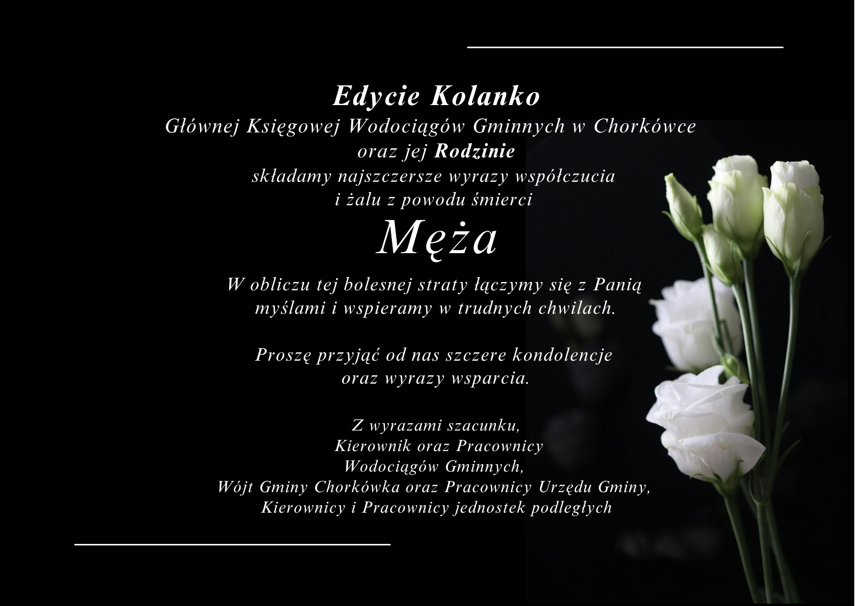 Kondolencje dla Edyty Kolanko z&nbsp;powodu śmierci męża 