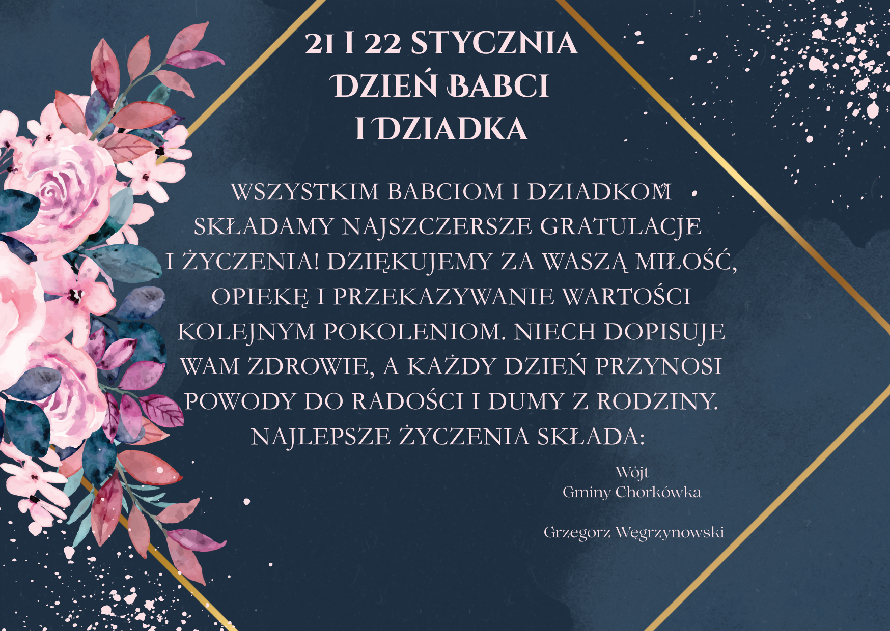 Życzenia z&nbsp;okazji Dnia Babci i&nbsp;dziadka. Grafika z&nbsp;kwiatami. 