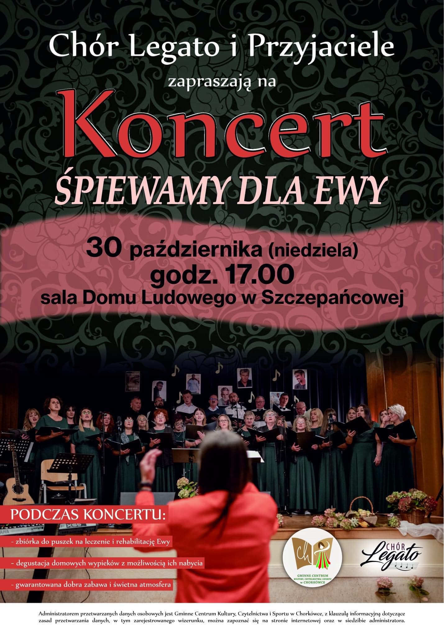 Na ciemnym tle zdjęcie członków chóru nazwa imprezy koncert Chóru Legato dla Ewy 