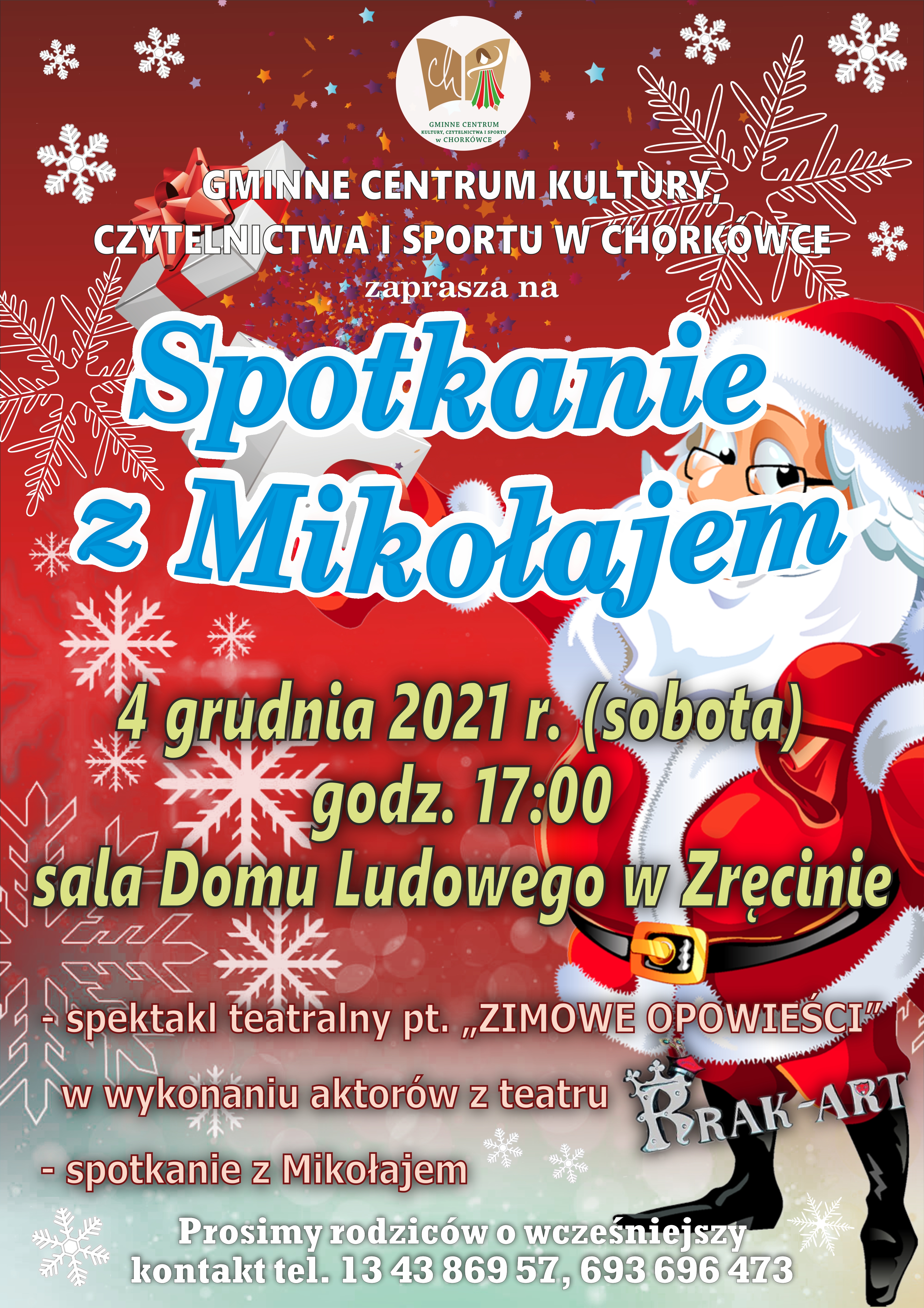 Plakat informacyjny dotyczący imprezy kulturalnej "Spotkanie ze Świętym Mikołajem", które odbędzie się 4 grudnia 2021 w Domu Ludowym w Zręcinie 