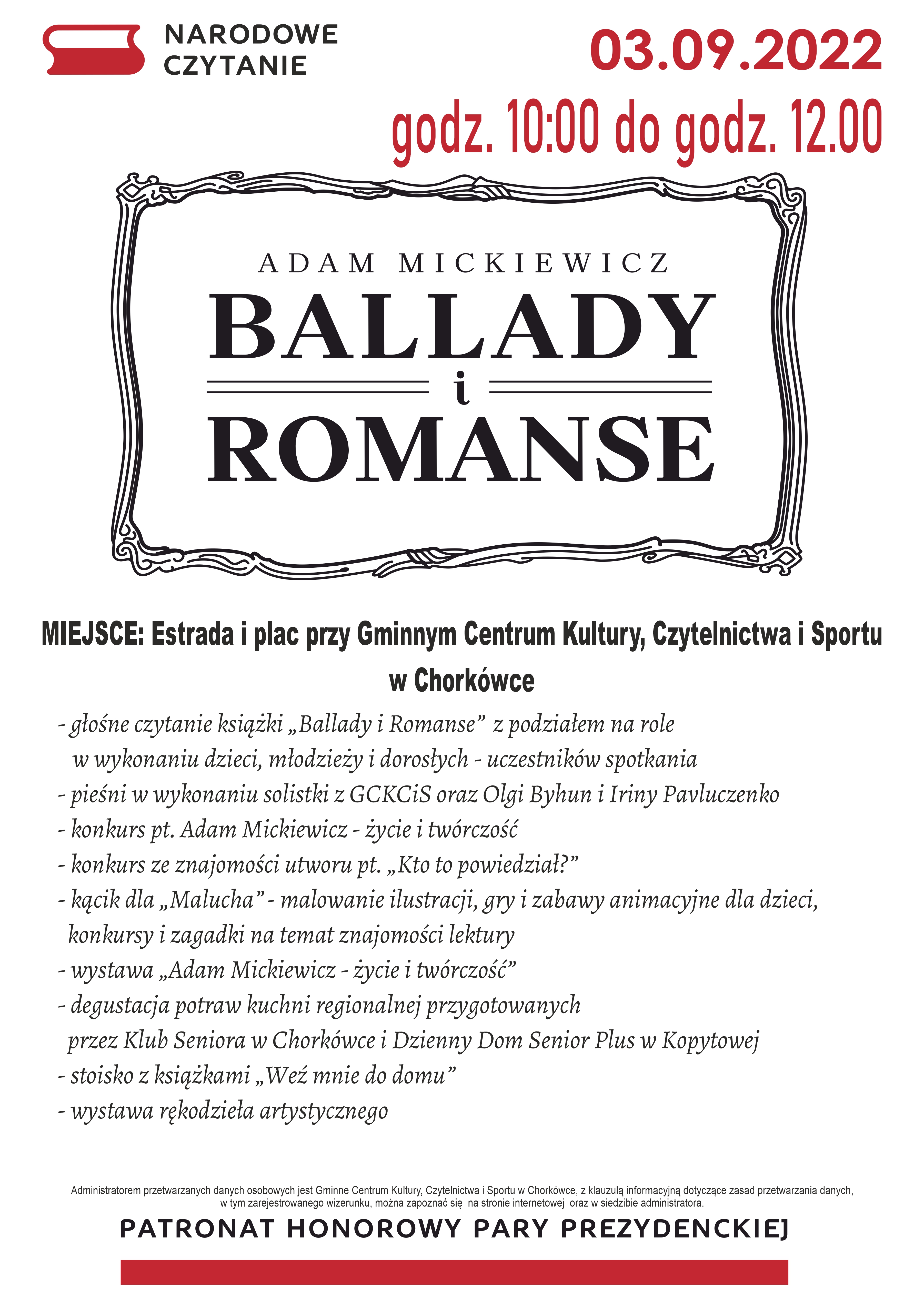 Czarno-biały plakat z&nbsp;elementami czerwonymi. Informacja o&nbsp;narodowym czytaniu które w&nbsp;Chorkówce odbędzie się 3 września br. o&nbsp;godz. 10.00, na&nbsp;placu przy scenie Gminnego Centrum Kultury, Czytelnictwa i&nbsp;Sportu w&nbsp;Chorkówce.  