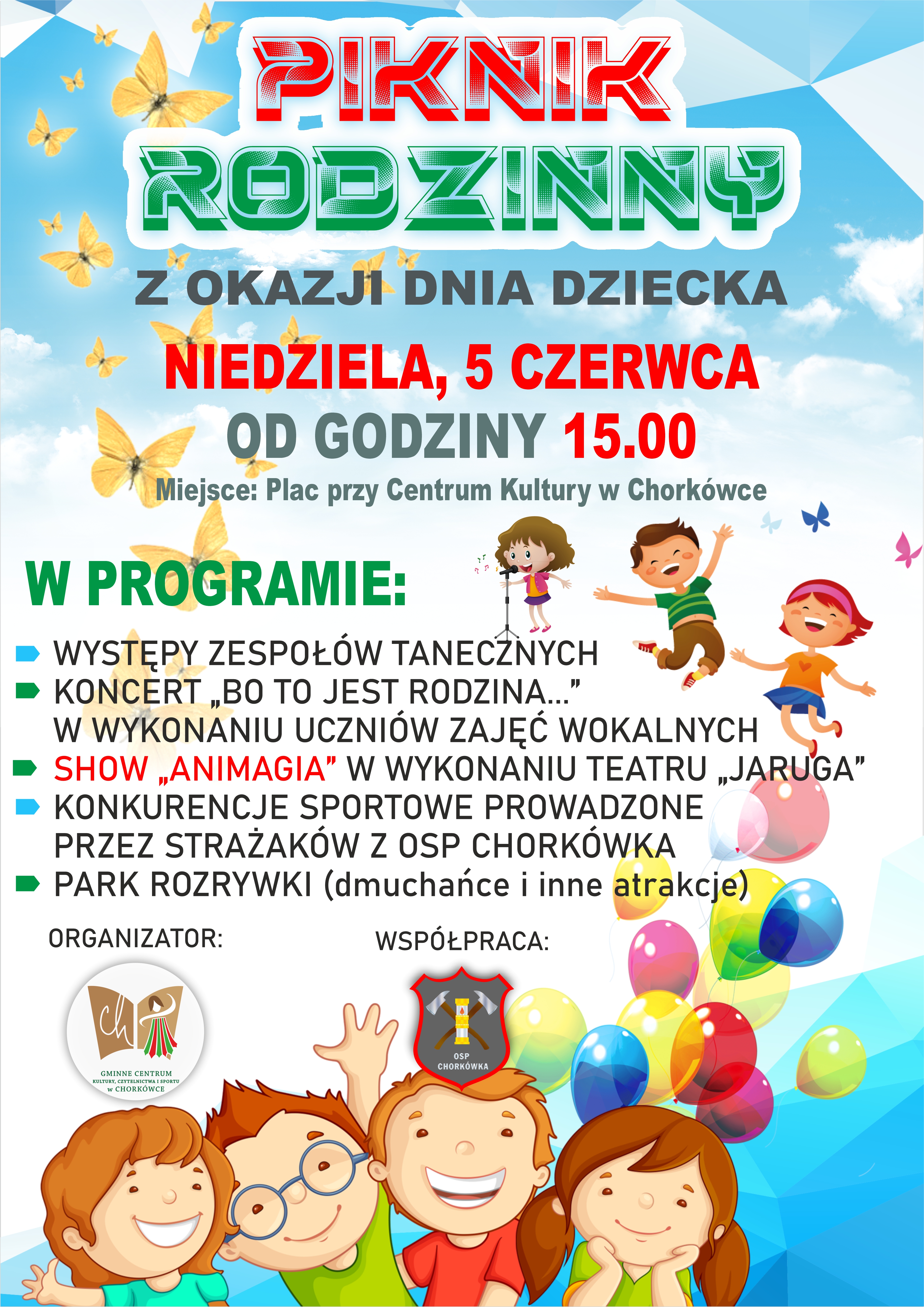 Informacja o&nbsp;pikniku rodzinnym, który odbędzie się 5 czerwca przy Centrum Kultury w&nbsp;Chorkówce o&nbsp;godz. 15.00