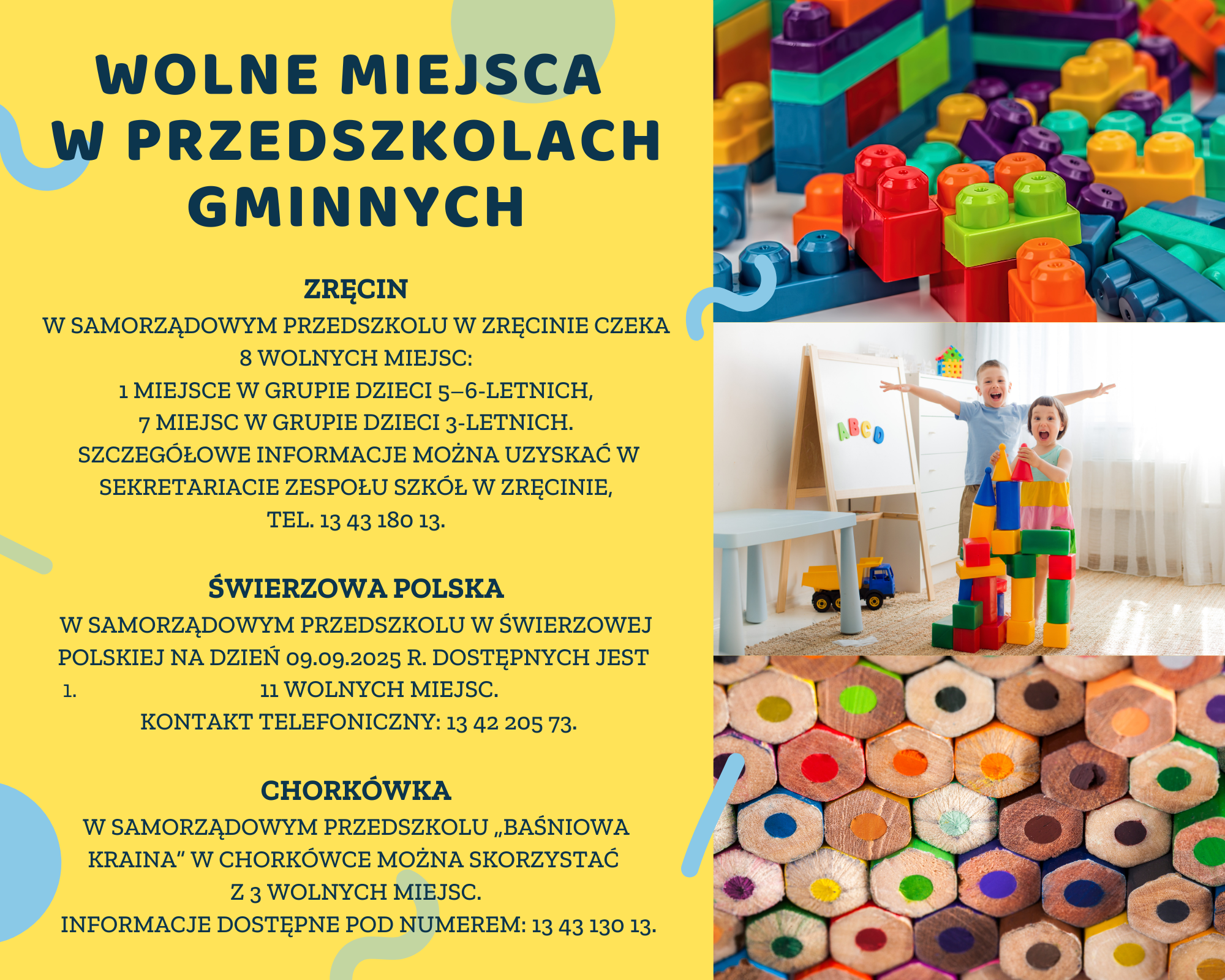 Rodzice, kt&oacute;rzy jeszcze nie zapisali swoich pociech do przedszkola, mają teraz wyjątkową okazję &ndash; w&nbsp;plac&oacute;wkach na&nbsp;terenie gminy pozostały wolne miejsca! To świetna szansa, by zapewnić dzieciom bezpieczne i&nbsp;rozwijające środowisko, w&nbsp;kt&oacute;rym poznają nowych przyjaci&oacute;ł, nauczą się samodzielności i&nbsp;rozwiną swoje pasje. ????Zręcin W Samorządowym Przedszkolu w&nbsp;Zręcinie czeka 8 wolnych miejsc: 1 miejsce w&nbsp;grupie dzieci 5&ndash;6-letnich, 7 miejsc w&nbsp;grupie dzieci 3-letnich. Szczeg&oacute;łowe informacje można uzyskać w&nbsp;sekretariacie Zespołu Szk&oacute;ł w&nbsp;Zręcinie, tel. 13 43 180 13. ????Świerzowa Polska W Samorządowym Przedszkolu w&nbsp;Świerzowej Polskiej na&nbsp;dzień 09.09.2025 r. dostępnych jest 11 wolnych miejsc. Kontakt telefoniczny: 13 42 205 73. ????Chork&oacute;wka W Samorządowym Przedszkolu &bdquo;Baśniowa Kraina&rdquo; w&nbsp;Chork&oacute;wce można skorzystać z&nbsp;3 wolnych miejsc. Informacje dostępne pod numerem: 13 43 130 13. Przedszkole to nie tylko opieka, ale&nbsp;przede wszystkim pierwszy krok w&nbsp;edukacyjnej podr&oacute;ży dziecka. Profesjonalna kadra, przyjazna atmosfera i&nbsp;bogata oferta zajęć sprawiają, że&nbsp;każdy maluch czuje się tam bezpiecznie i&nbsp;szczęśliwie. ???? Jeśli szukasz miejsca, w&nbsp;kt&oacute;rym Twoje dziecko będzie mogło rozwijać swoje zdolności i&nbsp;spędzać czas w&nbsp;gronie r&oacute;wieśnik&oacute;w &ndash; nie zwlekaj!