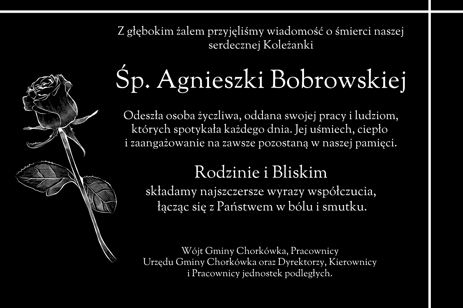 Kondolencje - Agnieszka Bobrowska, pracownik gminy 