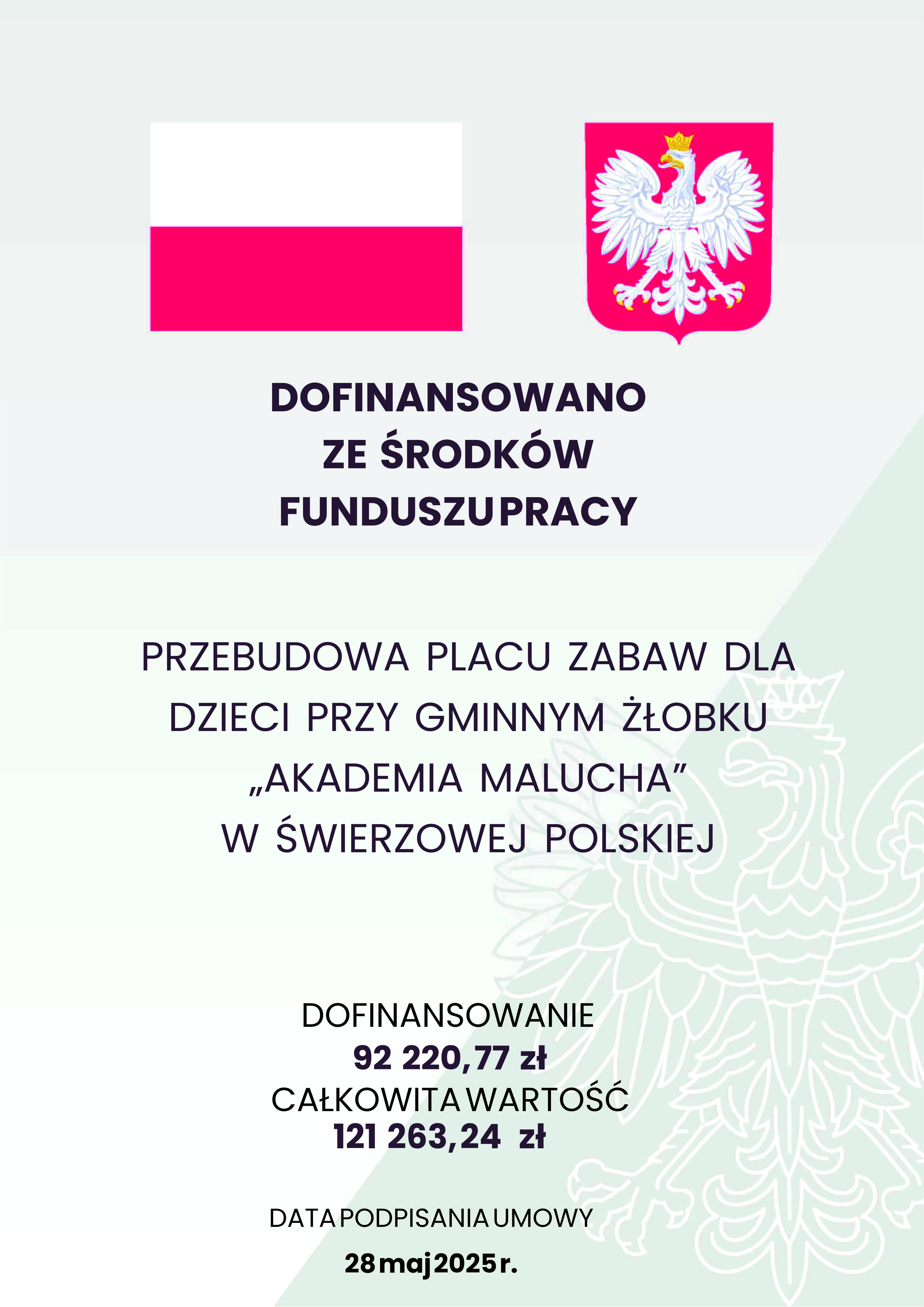 Przebudowa placu zabaw to nie tylko poprawa funkcjonalności przestrzeni, ale&nbsp;także inwestycja w&nbsp;rozw&oacute;j fizyczny, społeczny i&nbsp;emocjonalny dzieci, kt&oacute;re już niebawem będą mogły w&nbsp;pełni korzystać z&nbsp;odnowionej strefy zabawy.  Całkowity koszt zadania: 128 844,96 zł Dofinansowanie z&nbsp;Funduszu Pracy: 92 220,77 zł