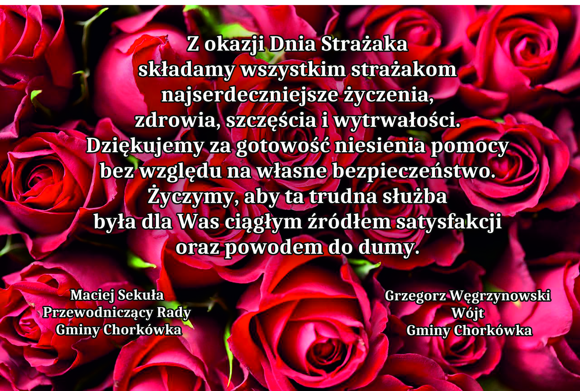 Tło z czerwonymi różami a na nim życzenia dla Strażaków z okazji Międzynarodowego Dnia Strażaka 