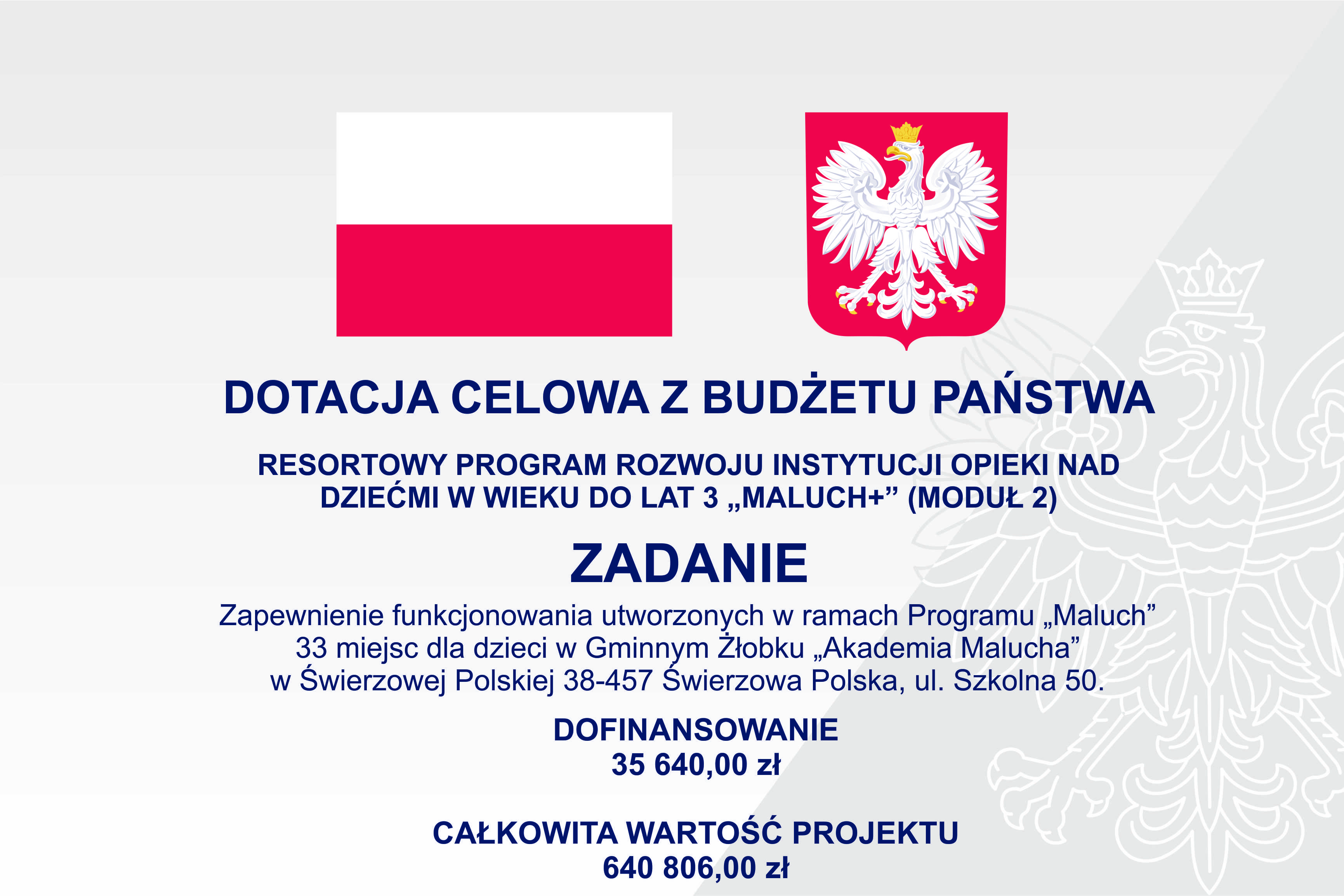 Szare tło z widocznym godłem Polski oraz flaga białoczerwona oraz napisy o dofinansowaniu programu Maluch + 