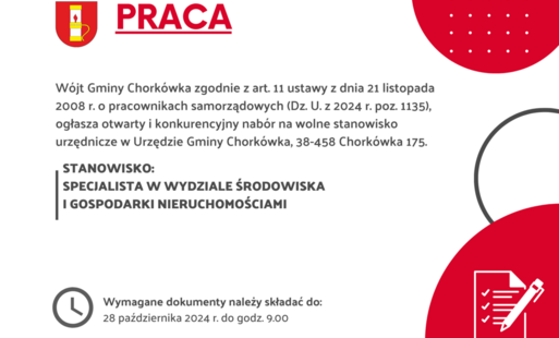 Zdjęcie do Ogłoszenie o naborze na wolne stanowisko urzędnicze w Urzędzie Gminy Chork&oacute;wka