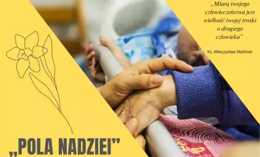 Zdjęcie przedstawijące chorego człowieka i jego opiekuna, z żółtymi elementami i symbol żonkila - znaku akcji Pola Nadziei  