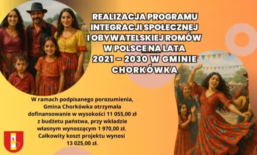 Grafika składająca sie z dwóch zdjęć: Obrazek 1 – Społeczność romska na wsi: Grupa romskich dzieci i dorosłych stoi razem w malowniczym, wiejskim krajobrazie. Wszyscy ubrani są w tradycyjne, barwne stroje – kobiety w długich spódnicach i chustach, mężczyź