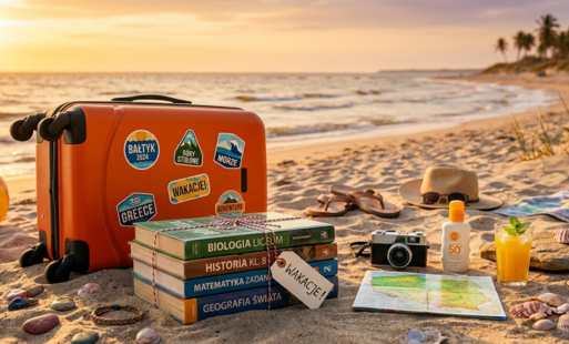 Grafika przedstawiająca plaże, a na niej książki, podręczniki szkolone związane sznurkiem, obok akcesoria wakacyjne i walizka, w tle morze.  