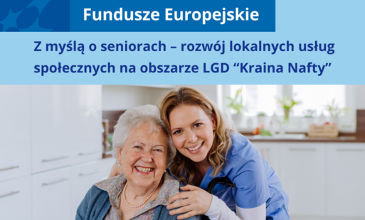 Grafika ozdobna, informacja o porjkcie opatrzona zdjęciem starszej kobiety na wózku i młodej uśmiechniętej pielęgniarki obok. 
