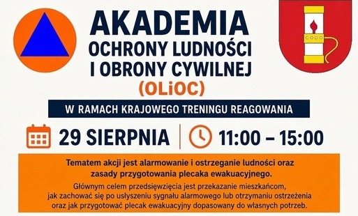 Plakat informacyjny wydarzenia pod nazwą „Akademia Ochrony Ludności i Obrony Cywilnej (OLiOC)” w ramach Krajowego Treningu Reagowania.  Opis szczegółowy:  Tytuł i symbole: Na samej górze znajduje się nagłówek z nazwą wydarzenia. Po lewej stronie umieszczo