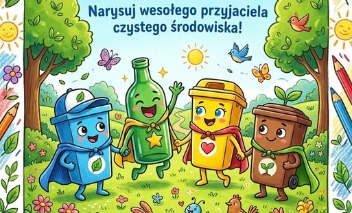 plakat dotyczący konkursu. Pojemnikowe STWORKI TRZYMAJĄCE SIĘ ZA RĘCE. 