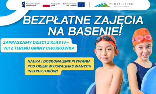 Zapraszamy dzieci z klas IV–VIII szkół podstawowych z terenu Gminy Chorkówka na bezpłatną naukę i doskonalenie pływania pod okiem wykwalifikowanych instruktorów.