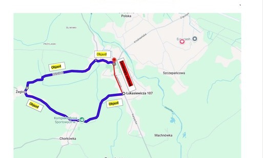 mapa z objazdem 