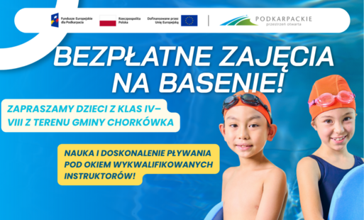 Przypominamy o trwających zapisach na bezpłatną naukę i doskonalenie pływania na Krytej Pływalni w Krośnie, skierowanych do uczniów klas IV–VIII z terenu Gminy Chorkówka.